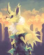 amount:solo atmosphere:crags atmosphere:sunset body-type:feral series:eeveelutions series:pokemon species:jolteon style:lines-effected-by-lighting // 1024x1280 // 938KB