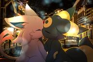 affection amount:pair atmosphere:city atmosphere:night body-type:semi-anthro body-type:slightly-chubby forehead-gem kissing pressing-same-body-part-against-each-other series:eeveelutions series:pokemon species:espeon species:umbreon style:drawn-over-irl style:lines-effected-by-lighting // 2400x1600 // 4.2MB