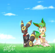 amount:pair atmosphere:field body-type:semi-anthro feminine flower outfit series:eeveelutions series:pokemon species:leafeon species:umbreon style:girly wearing-flower wedding-dress // 2000x1920 // 1.8MB