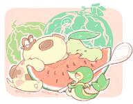 amount:multiple body-type:feral food fruit species:chikorita species:hippopotas species:snivy style:outline style:pastel-colors watermelon // 600x469 // 223KB