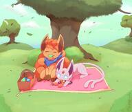 affection amount:pair atmosphere:field atmosphere:hills atmosphere:picnic berries body-type:feral cuddling eating forehead-gem pokemon-berries series:eeveelutions series:pokemon species:espeon species:vulpix // 1800x1523 // 1.0MB