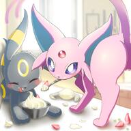 amount:pair atmosphere:home atmosphere:kitchen body-type:feral custard eating feeding food forehead-gem frosting happy series:eeveelutions series:pokemon species:espeon species:umbreon style:intentional-blur style:kawaii sweets // 1700x1700 // 238KB