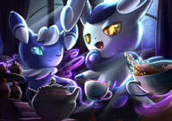 amount:pair atmosphere:castle atmosphere:mansion atmosphere:moonlight body-type:semi-anthro cupcake food hall-of-fame:bronze hall-of-fame:gold hall-of-fame:silver species:meowstic style:dim style:kawaii style:very-detailed sweets tea teacup telekinesis wink // 2480x1748 // 3.2MB