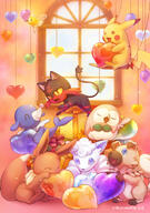 amount:multiple amount:solo atmosphere:dreamy atmosphere:home atmosphere:party balloons body-type:feral detailed-print hall-of-fame:bronze series:pokemon species:alolan-vulpix species:eevee species:litten species:pikachu species:popplio species:rockruff species:rowlet style:playful style:very-playful // 1205x1713 // 1.1MB