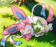 affection amount:pair atmosphere:field atmosphere:sunlight body-type:feral cuddling series:eeveelutions series:pokemon sleeping species:sprigatito species:sylveon style:intentional-blur // 1131x946 // 238KB