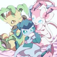 affection amount:multiple atmosphere:bedroom body-type:feral cuddling nomming series:eeveelutions series:pokemon silly species:glaceon species:leafeon species:sylveon // 2031x2048 // 943KB