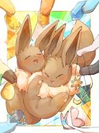affection amount:pair atmosphere:abstract-setting body-type:feral cuddling evolving grouping:all-eeveelutions series:pokemon species:eevee style:playful // 768x1024 // 114KB