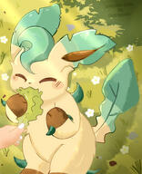 amount:solo atmosphere:field atmosphere:flowers atmosphere:sunlight body-type:feral body-type:semi-anthro body-type:slightly-chubby eating flower food lettuce series:eeveelutions series:pokemon species:leafeon // 1300x1600 // 301KB