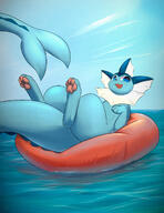 amount:solo atmosphere:beach body-type:feral body-type:slightly-chubby flotation-device series:eeveelutions series:pokemon species:vaporeon style:noisy visual-teasing // 1538x2000 // 676KB