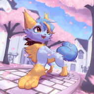 amount:solo atmosphere:sakura atmosphere:sunlight atmosphere:town body-type:feral scarf species:petilil species:unknown style:intentional-blur // 931x936 // 191KB
