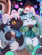 affection amount:pair amount:solo atmosphere:fantasy atmosphere:stary body-type:semi-anthro body-type:slightly-chubby cheek-rub food pressing-same-body-part-against-each-other species:alolan-vulpix species:skunk style:noisy style:outline sweets // 2647x3481 // 2.4MB