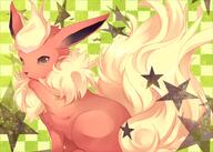 amount:solo atmosphere:stary body-type:feral fluffified licking-self series:eeveelutions series:pokemon species:flareon style:abstract-background style:checkered style:contrasting-colors // 802x573 // 550KB