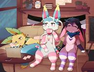 amount:multiple atmosphere:home body-type:semi-anthro character:sylve0n coffee drink fluffified freckles glasses hall-of-fame:bronze hall-of-fame:silver necklace nerdy oc scarf series:eeveelutions series:pokemon species:bunny species:leafeon species:sylveon style:kawaii style:very-kawaii thigh-highs using-computer // 2000x1520 // 3.5MB