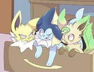 amount:multiple atmosphere:home body-type:feral cramped series:eeveelutions series:pokemon silly species:jolteon species:leafeon species:vaporeon // 1021x783 // 612KB