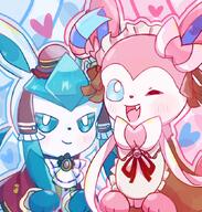 affection amount:pair body-type:feral dress hat maid outfit series:eeveelutions series:pokemon species:glaceon species:sylveon style:split-background wearing-bow // 647x680 // 123KB