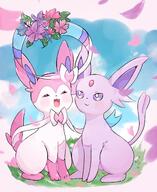 amount:pair atmosphere:flowers blushing body-type:feral flower forehead-gem series:eeveelutions series:pokemon species:espeon species:sylveon // 1588x1938 // 284KB