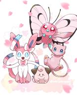 amount:multiple atmosphere:petals atmosphere:sakura body-type:feral body-type:semi-anthro color series:eeveelutions series:pokemon species:butterfree species:cleffa species:sylveon style:girly style:kawaii style:one-color style:pink // 975x1200 // 149KB