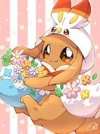 amount:solo atmosphere:easter atmosphere:flowers body-type:feral flower hall-of-fame:bronze hall-of-fame:silver hat imitation series:pokemon species:eevee style:abstract-background style:kawaii style:striped-background // 768x1024 // 582KB