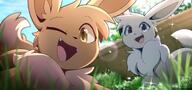 amount:pair artist:kinozel body-type:feral hall-of-fame:bronze hall-of-fame:silver happy series:pokemon species:eevee species:shiny-pokemon style:girly style:intentional-blur style:kawaii style:playful style:sparkly style:very-kawaii wink // 1998x932 // 188KB