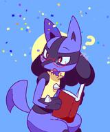 amount:solo atmosphere:confetti atmosphere:party body-type:anthro book confused glasses nerdy species:lucario style:abstract-background style:kemono // 1092x1307 // 255KB