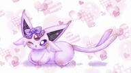 amount:solo body-type:feral forehead-gem heart-eyes loafing series:eeveelutions series:pokemon species:espeon style:abstract-background style:girly style:kawaii style:pastel-colors style:playful style:very-girly style:very-kawaii wearing-bow wink // 1200x675 // 435KB