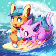 affection amount:pair atmosphere:beach body-type:feral body-type:semi-anthro forehead-gem series:eeveelutions series:pokemon species:espeon species:raichu style:playful style:scribbles surfing // 2000x2000 // 3.2MB