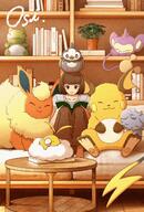 amount:multiple animated body-type:feral body-type:humanoid body-type:semi-anthro book reading series:eeveelutions series:pokemon sleeping species:aipom species:espurr species:flareon species:human species:pidove species:raichu species:shiny-pokemon species:swablu substitute-doll // 800x1185 // 5.1MB