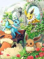 amount:multiple atmosphere:flowers body-type:feral series:eeveelutions series:pokemon species:eevee species:flareon species:jolteon species:vaporeon style:kawaii style:medieval // 1080x1438 // 102KB