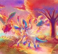 amount:multiple atmosphere:fantasy atmosphere:forest body-type:blob body-type:feral series:eeveelutions series:pokemon species:hoppip species:jumpluff species:shiny-pokemon species:sylveon style:girly style:painted style:sparkly // 932x858 // 64KB