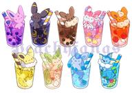 amount:multiple boba body-type:feral eeveelutions-as-food food forehead-gem grouping:all-eeveelutions series:eeveelutions series:pokemon species:eevee species:espeon species:flareon species:glaceon species:jolteon species:leafeon species:sylveon species:umbreon species:vaporeon style:abstract-background // 2020x1435 // 217KB