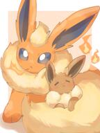affection amount:pair body-type:feral cuddling fire laying-on-tail series:eeveelutions series:pokemon species:eevee species:flareon // 768x1024 // 847KB