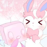affection amount:pair body-type:feral body-type:semi-anthro cuddling series:eeveelutions series:pokemon species:eiscue species:shiny-pokemon species:sylveon style:abstract-background style:girly style:kawaii style:one-color style:pastel-colors style:pink style:very-girly // 1024x1024 // 89KB