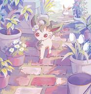 amount:pair atmosphere:sunlight atmosphere:town body-type:feral feminine flower series:eeveelutions series:pokemon species:eevee species:leafeon style:girly style:painted wearing-flower // 2185x2244 // 587KB