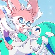 affection amount:pair body-type:feral cuddling glasses hall-of-fame:bronze hall-of-fame:silver nerdy oc scarf series:eeveelutions series:pokemon species:sylveon style:girly style:kawaii style:pastel-colors style:playful style:very-kawaii // 680x680 // 79KB