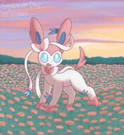 amount:solo atmosphere:field atmosphere:flowers atmosphere:sunset body-type:feral flower series:eeveelutions series:pokemon species:sylveon style:intentional-blur style:kawaii style:playful // 1882x2048 // 2.9MB