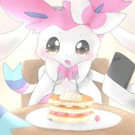 amount:solo atmosphere:kitchen body-type:feral drooling hungry kawaii-eyes pancakes series:eeveelutions series:pokemon species:sylveon style:playful using-phone // 1000x1000 // 97KB