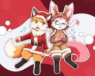 amount:pair atmosphere:christmas body-type:anthro body-type:semi-anthro christmas-clothing imitation onesie series:eeveelutions series:pokemon species:fox species:sylveon style:dithering style:kawaii style:kemono style:outline thigh-highs // 1700x1362 // 1.8MB