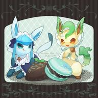 amount:pair atmosphere:cafe body-type:feral body-type:semi-anthro food hall-of-fame:bronze macarons maid outfit series:eeveelutions series:pokemon species:glaceon species:leafeon style:girly style:sparkly sweets // 780x780 // 651KB