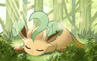 amount:solo atmosphere:forest atmosphere:sunlight body-type:feral series:eeveelutions series:pokemon sleeping species:leafeon style:painted style:sunrays // 2089x1323 // 2.9MB