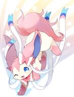 amount:solo body-type:feral fluffified series:eeveelutions series:pokemon species:sylveon style:abstract-background style:kawaii style:pastel-colors style:playful style:very-kawaii wink // 595x776 // 63KB