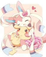 affection amount:pair body-type:feral cuddling dress forced nervous series:eeveelutions series:pokemon species:pikachu species:sylveon style:playful style:white-border wearing-bow // 1160x1435 // 171KB