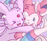 affection amount:pair body-type:feral hugging series:eeveelutions series:pokemon species:sylveon style:kawaii style:pastel-colors style:playful style:very-playful // 550x480 // 196KB