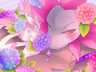 affection amount:pair atmosphere:flowers body-type:feral cuddling embarrassed feminine flower forced hall-of-fame:bronze hydreigon series:eeveelutions series:pokemon species:hydriegon species:sylveon style:girly visibly-shy wearing-flower // 1024x768 // 867KB