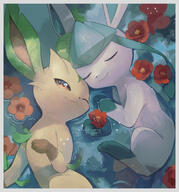 affection amount:pair atmosphere:swamp body-type:feral cuddling flower series:eeveelutions series:pokemon species:glaceon species:leafeon // 1151x1233 // 1.2MB