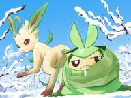 amount:pair annoyed atmosphere:snowy body-type:blob body-type:feral hall-of-fame:bronze series:eeveelutions series:pokemon species:leafeon species:swadloon style:painted // 800x600 // 106KB