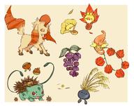 amount:multiple assorted-creatures atmosphere:creatures-associated-with-items body-type:feral grouping:grass-types oc series:eeveelutions series:pokemon species:bulbasaur species:cherubi species:comfey species:leafeon species:oddish species:sewaddle // 1024x807 // 175KB