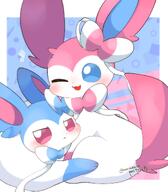 amount:pair body-type:feral hall-of-fame:bronze neutral-expression series:eeveelutions series:pokemon species:shiny-pokemon species:sylveon style:abstract-background style:kawaii style:split-background style:very-kawaii style:white-border wink // 1626x1853 // 198KB