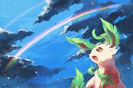 amount:solo atmosphere:clouds atmosphere:rain body-type:feral rainbow series:eeveelutions series:pokemon species:leafeon // 1125x750 // 2.4MB