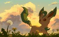 amount:solo atmosphere:field atmosphere:sunset body-type:feral flower series:eeveelutions series:pokemon species:leafeon style:noisy style:painted // 2000x1259 // 3.7MB