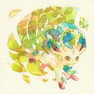 amount:solo body-type:feral series:eeveelutions series:pokemon species:leafeon style:noisy style:watercolor // 1193x1200 // 2.5MB